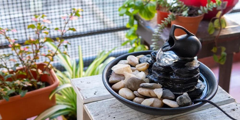 Indoor water fountain with stones and plants used in residential fengshui for positive energy flow.